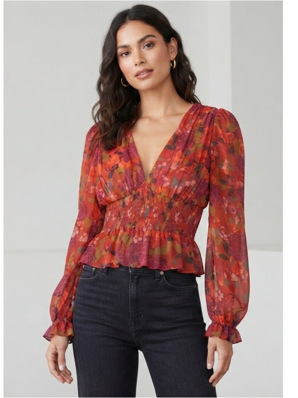 DR2 Red Multi Floral Smocked Peasant Blouse